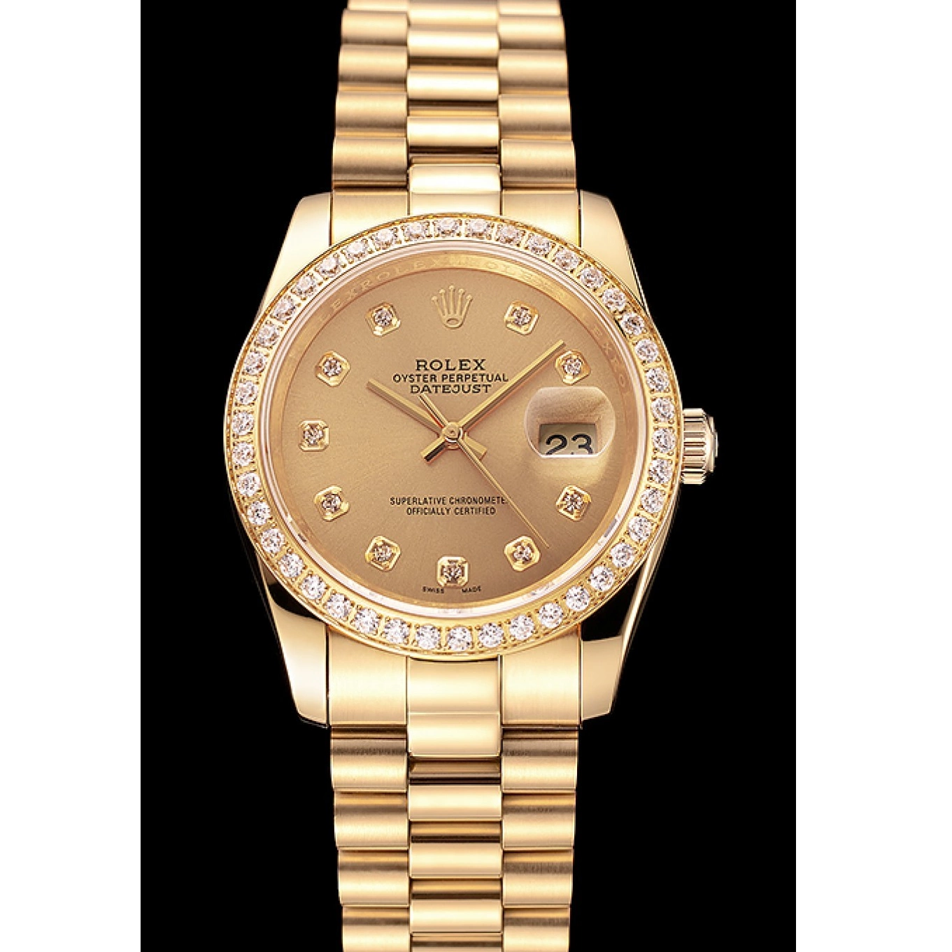Aaa replica Gold Diamond Swiss Dial 1454097 Datejust Champagne Bracelet Rolex Bezel 0714
